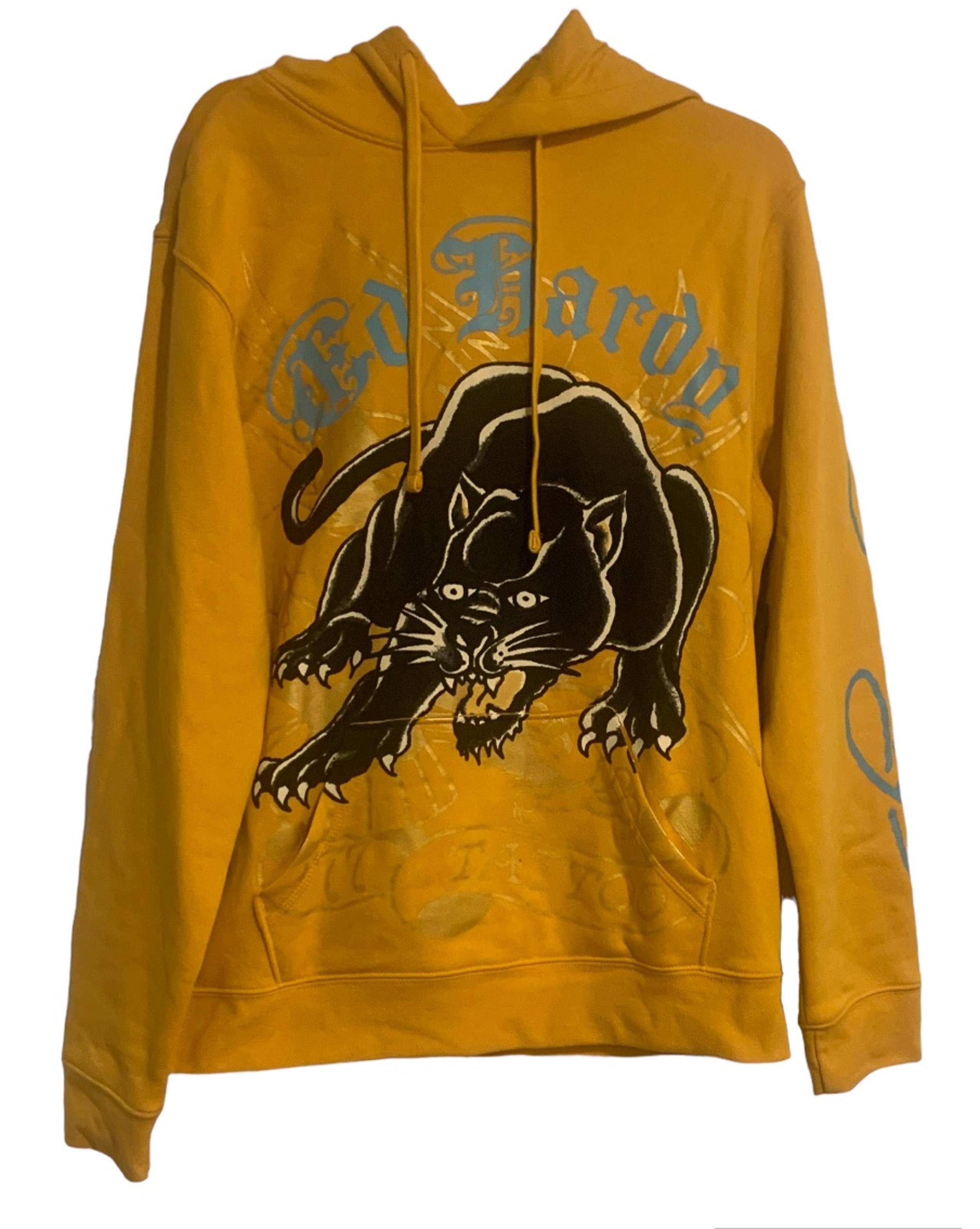 Ed Hardy Hoodie Men’s Large Yellow Black Panther Pullover Hooded Sweatshirt NWT