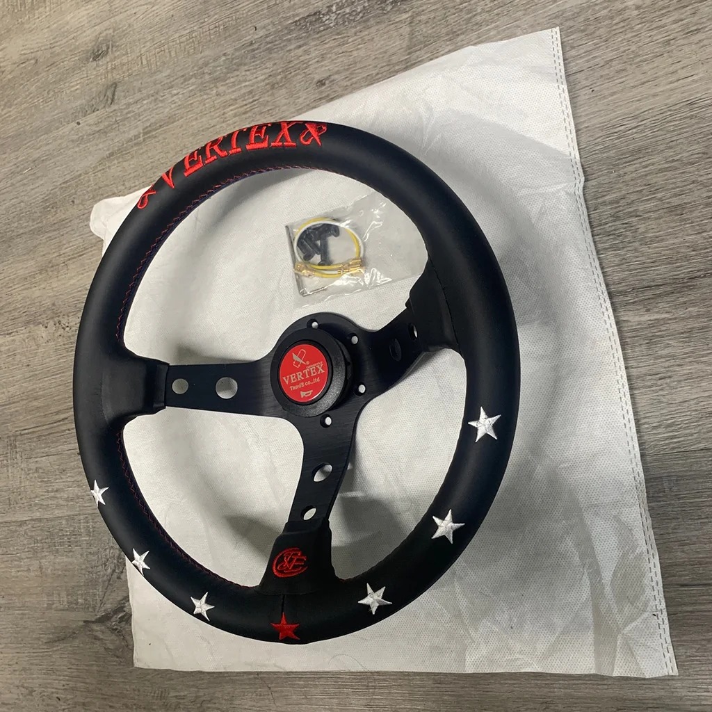 Universal 330mm Racing Steering Wheel w/ Suede Leather Vertex Red Stitch