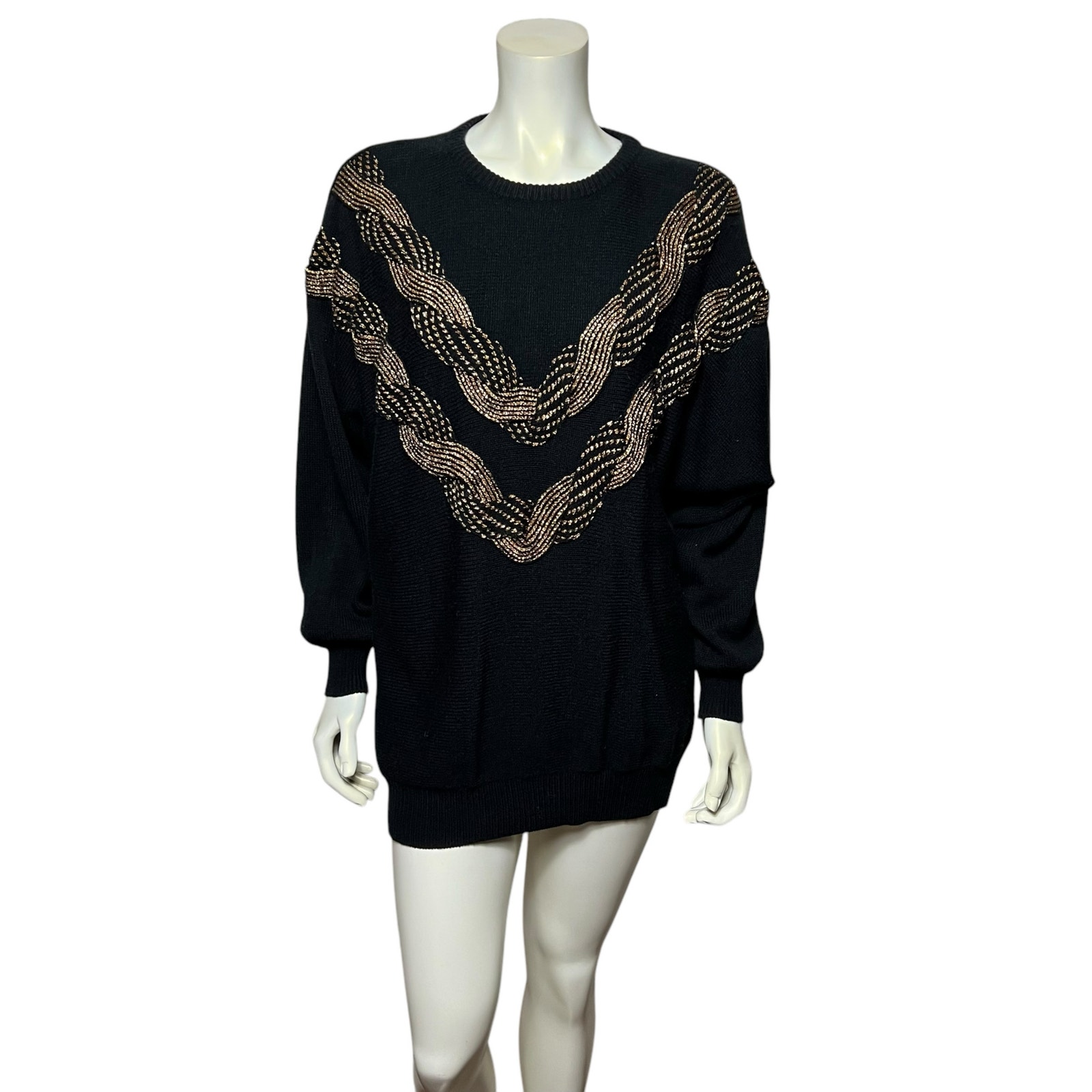 Vintage Karen Scott Black Gold Metallic Chevron Sweater Oversized Tunic Size L