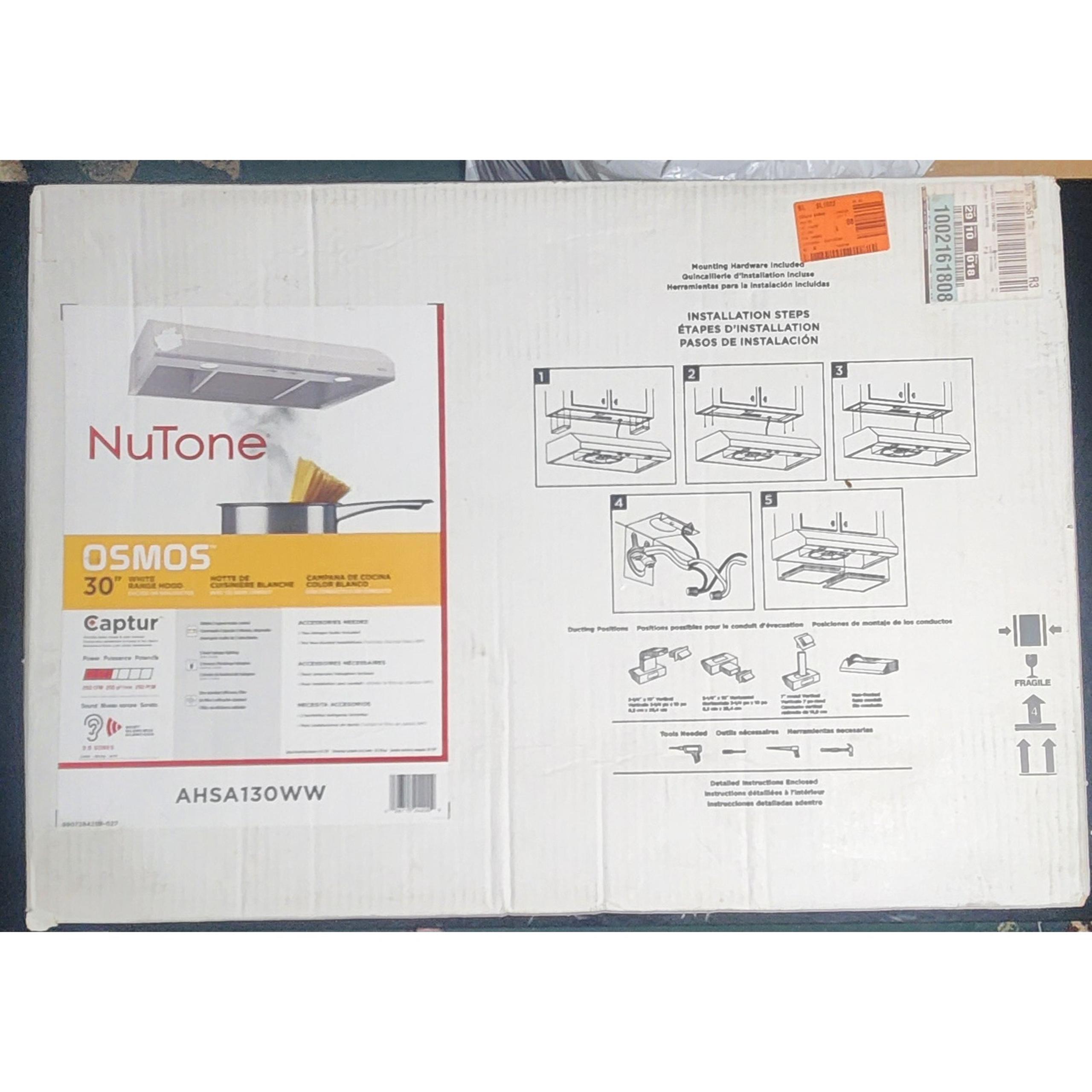 Nutone Osmos 30" white range hood, 250 CF, Ducted or Non-Ducted. AHSA130WW