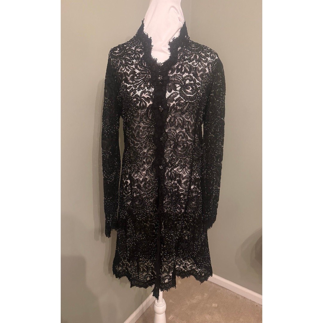 Josie Natori European Black Lace Beaded Cardigan Tunic Size 6