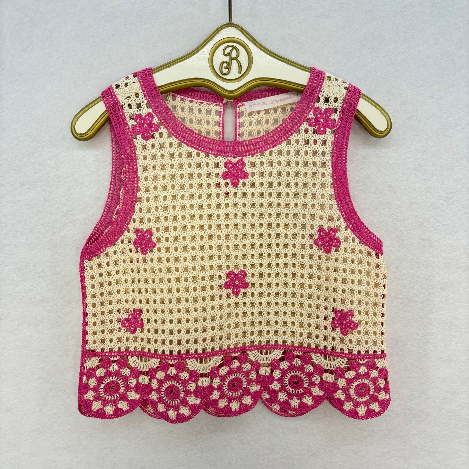 Kittenish Flag & Anthem Crochet Top Women SMALL Crea Pink Floral Crop Summer