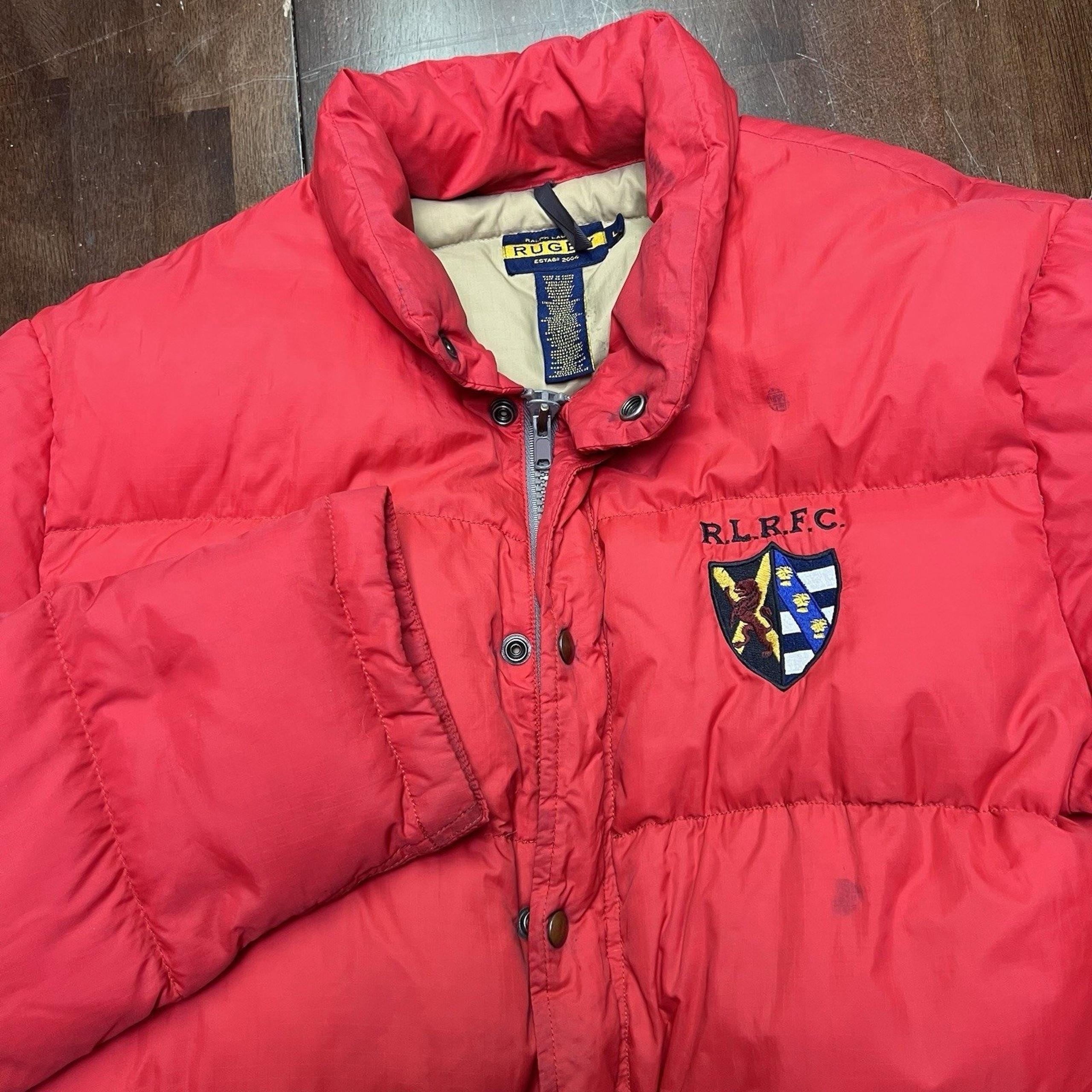 VTG L Polo Ralph Lauren RUGBY Puffer Jacket Down Feathers Coat RLRFC Patch Read