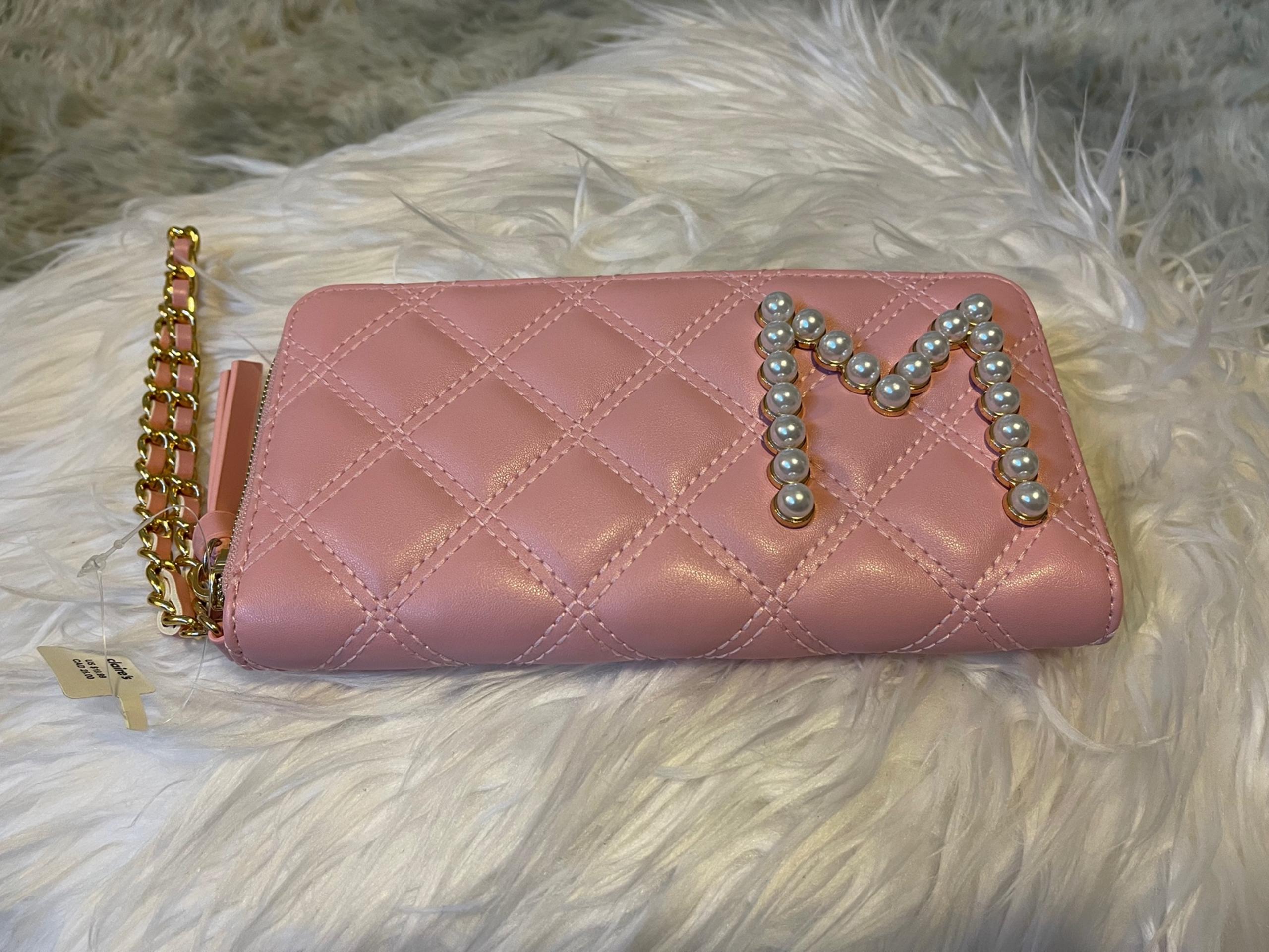 Pink Leather “M” pearled initialed wallet wristlet