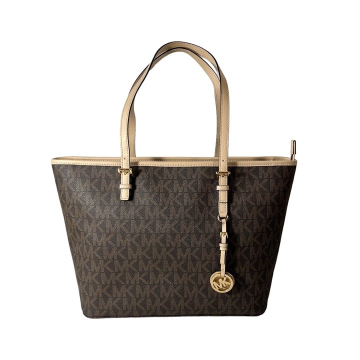 Michael Kors Purse Jet Set Signature Large Zip Up Tote Bag MK Monogram Brown Tan