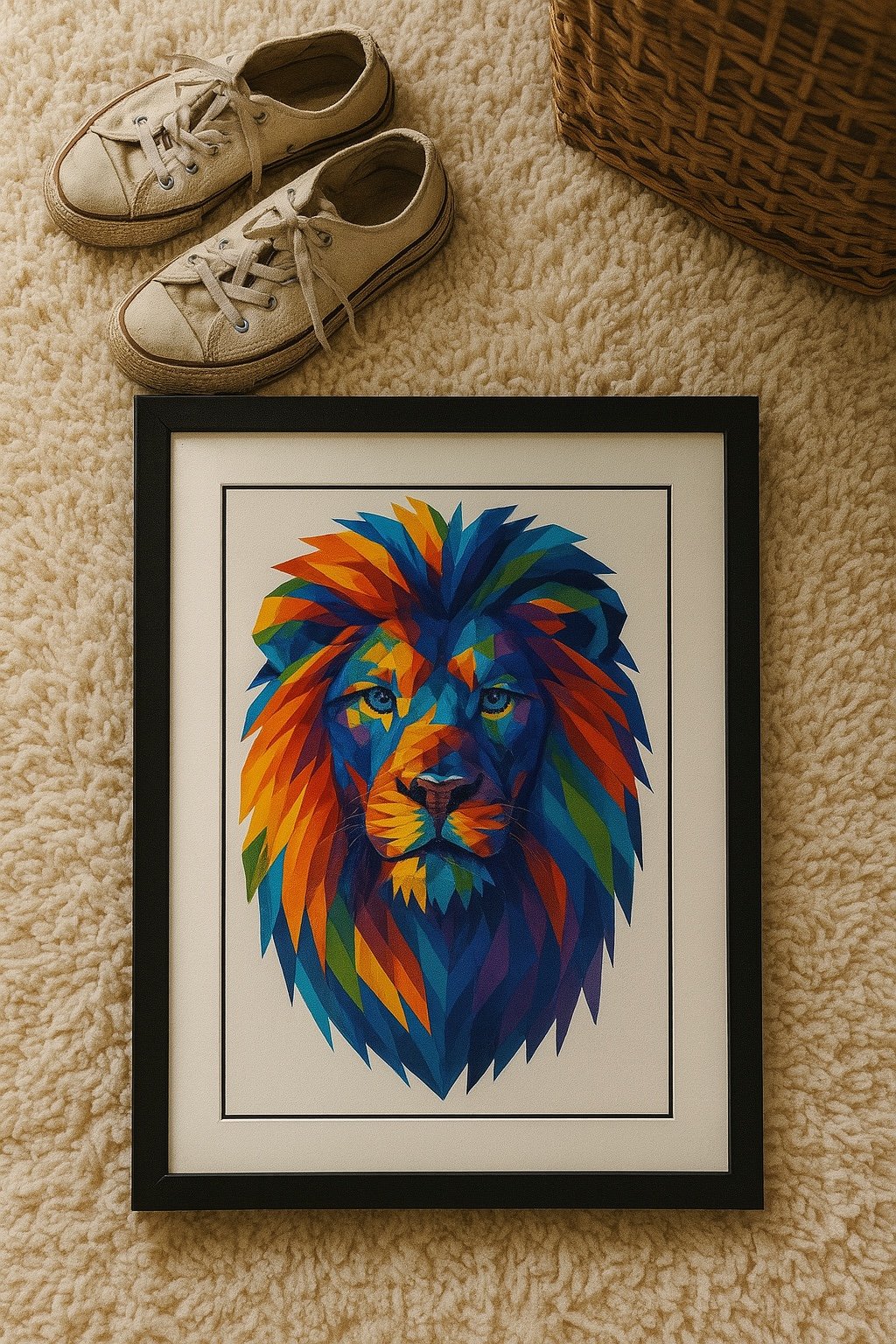 16x20 Framed Geometric Lion Wall Art – Colorful Modern Animal Print