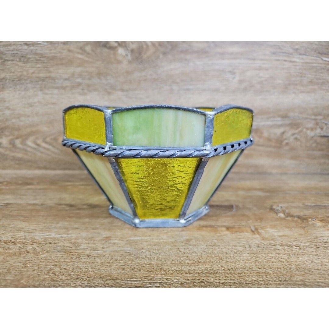 Vintage LEADED SLAG GLASS Candle Lantern / PLANTER CANISTER