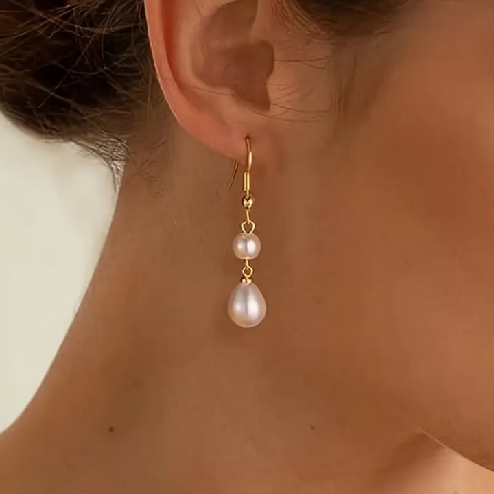 14K Gold Womens Hanging Drop Stacked Pearl Earrings Natural Freshwater Pearls