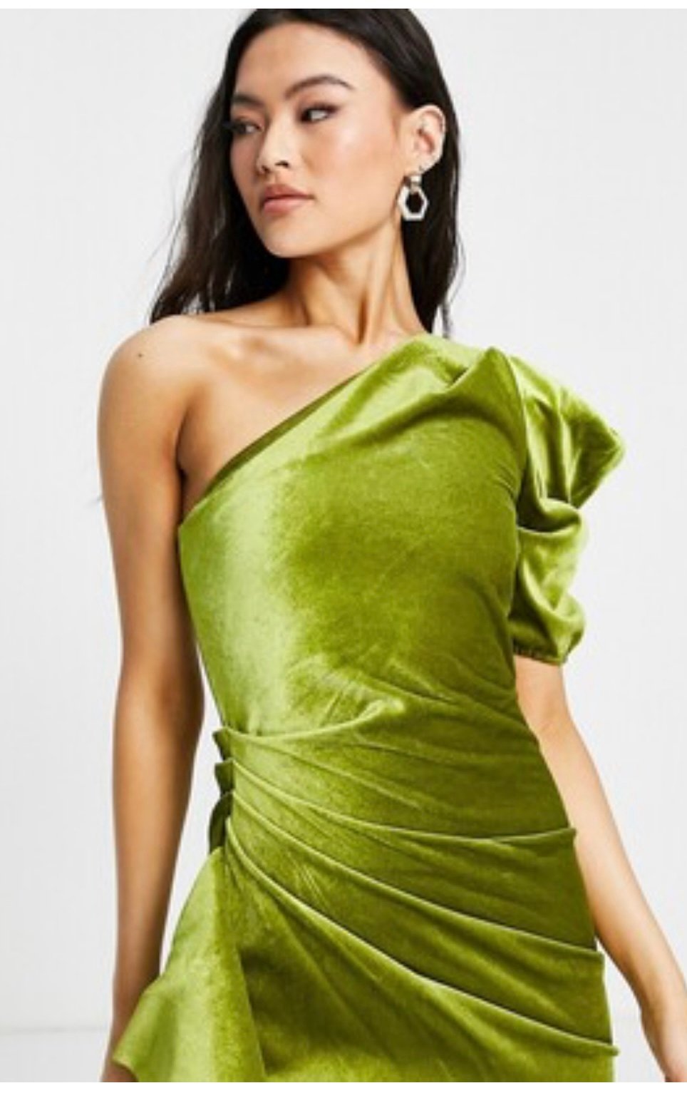 ASOS DESIGN one shoulder puff sleeve velvet ruffle midi dress in olive