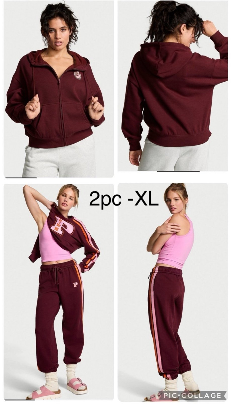Victoria’s Secret Pink 2pc Sweatsuit Wild Rose Maroon Burgundy XL Side Stripes
