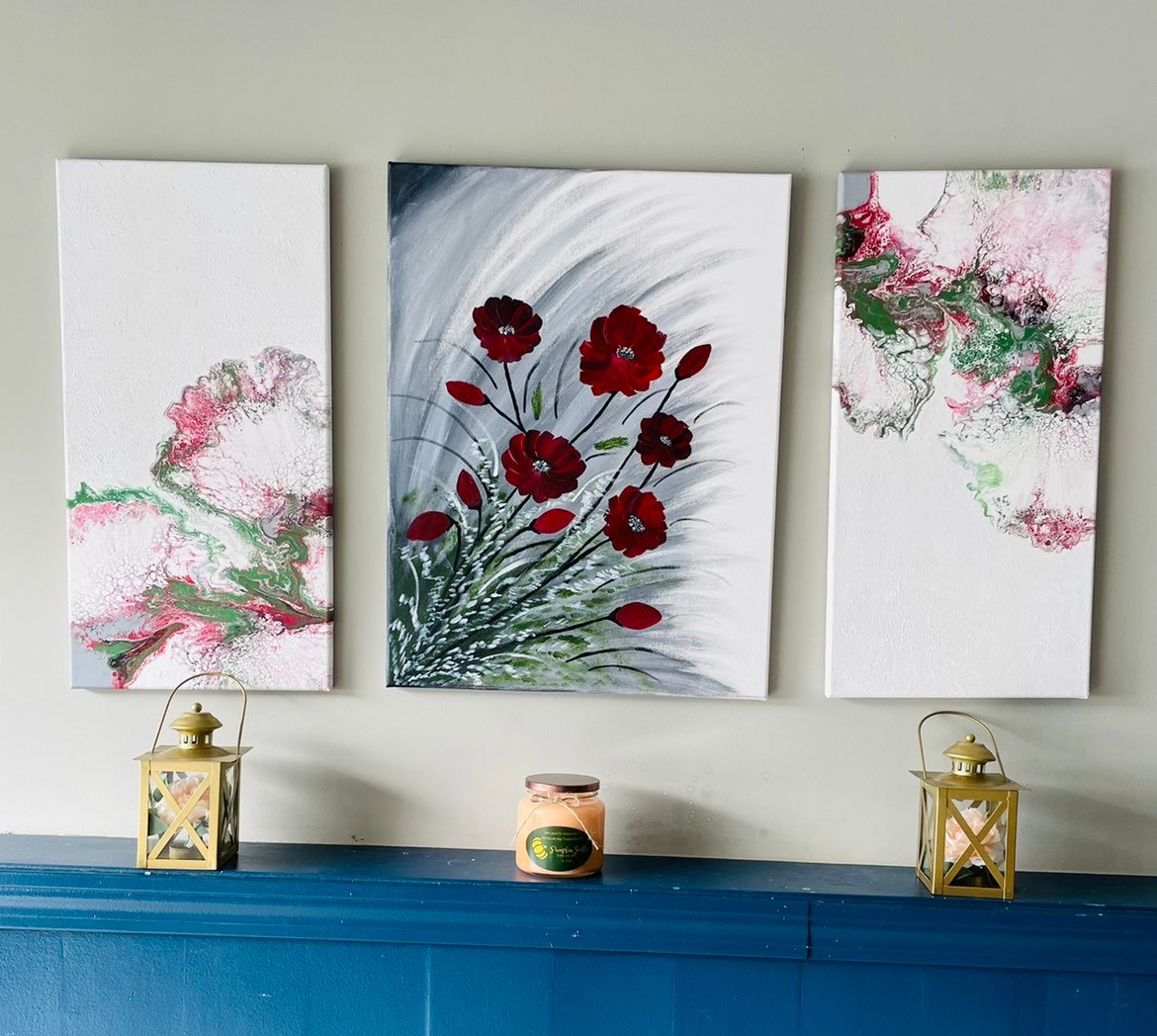 Triptych Acrylic Floral Painting