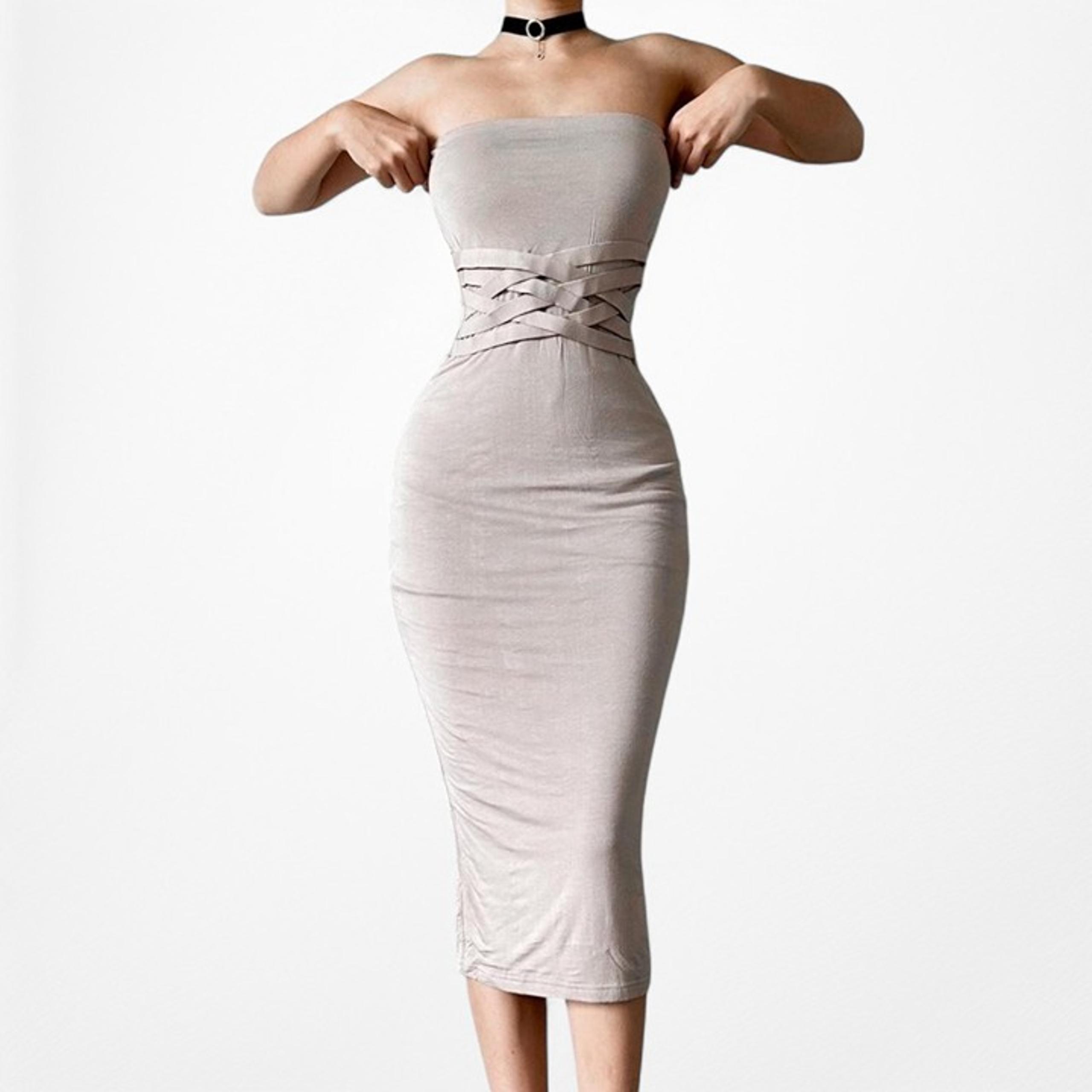 Fashion Nova Beige Nude Strapless Knit Bodycon Knee Length Dress Size S/M