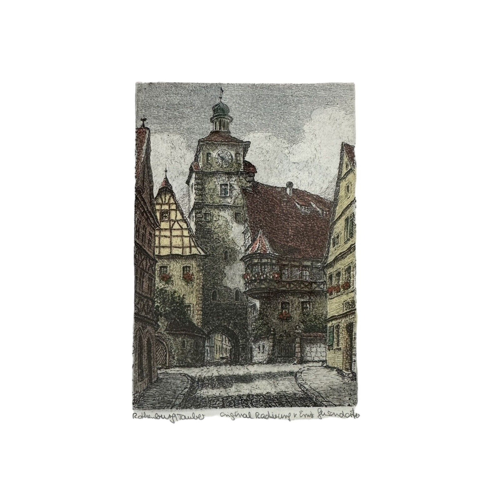 Ernst Geissendorfer Rothenburg Clocktower Etching Print Signed Framed Vintage