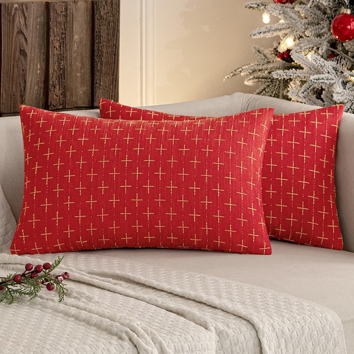 Pack of 2 Christmas Decorative Burlap Linen Throw Pillow Covers