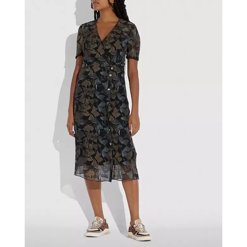 Coach Printed Long Chiffon V Neck Dress Silk Midi Short Sleeve Womens 0 Party