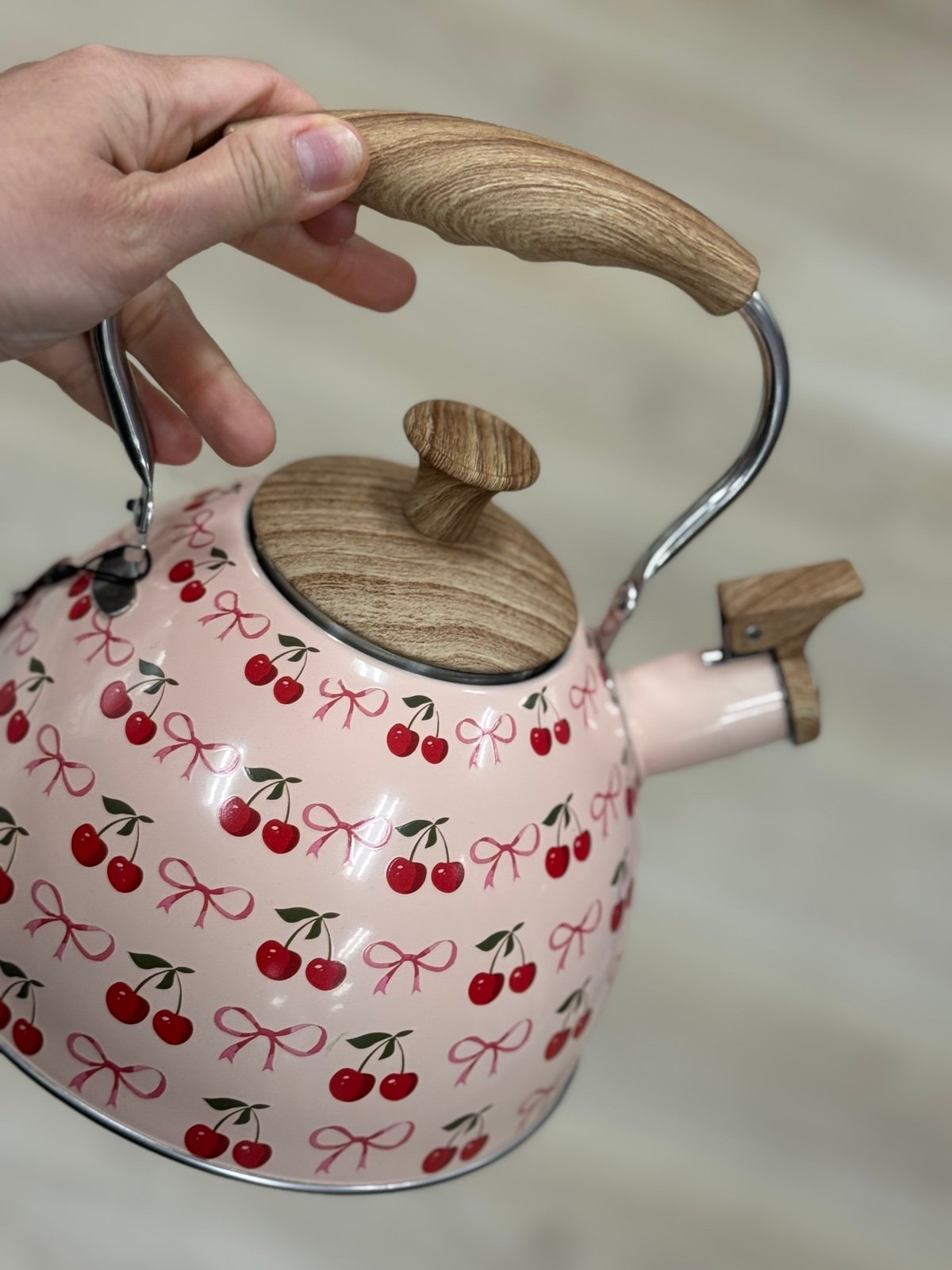 Cherry Print Pink Tea Kettle