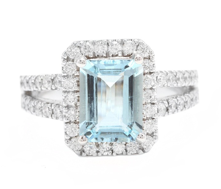 2.70Ct Natural Emerald Cut Aquamarine & Diamond Halo Solitaire Ring 14k White