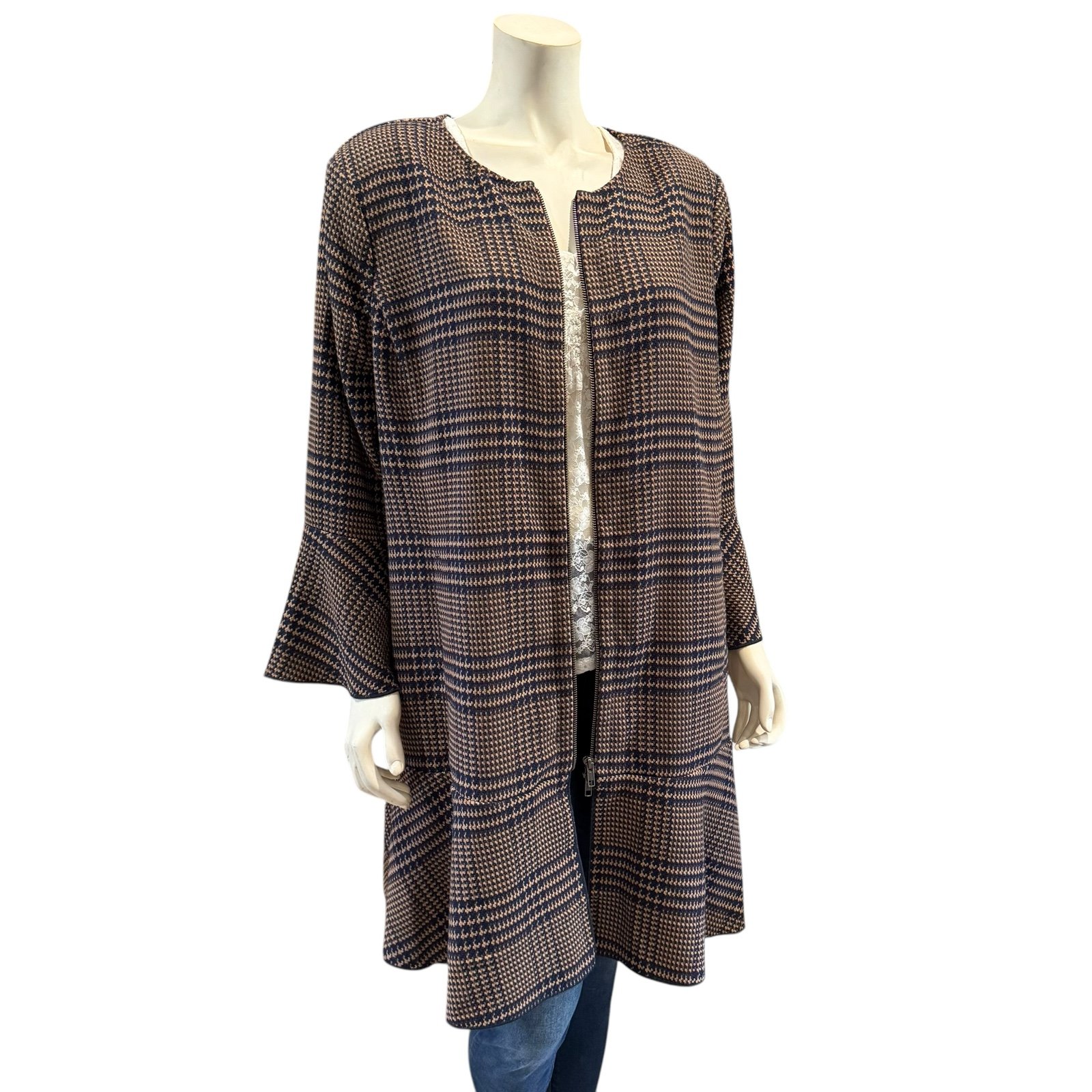 CAbi Tartan Plaid Flounce Longline Jacket