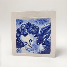 Portuguese Framed Tile Blue Angel Painting Signed Atelier