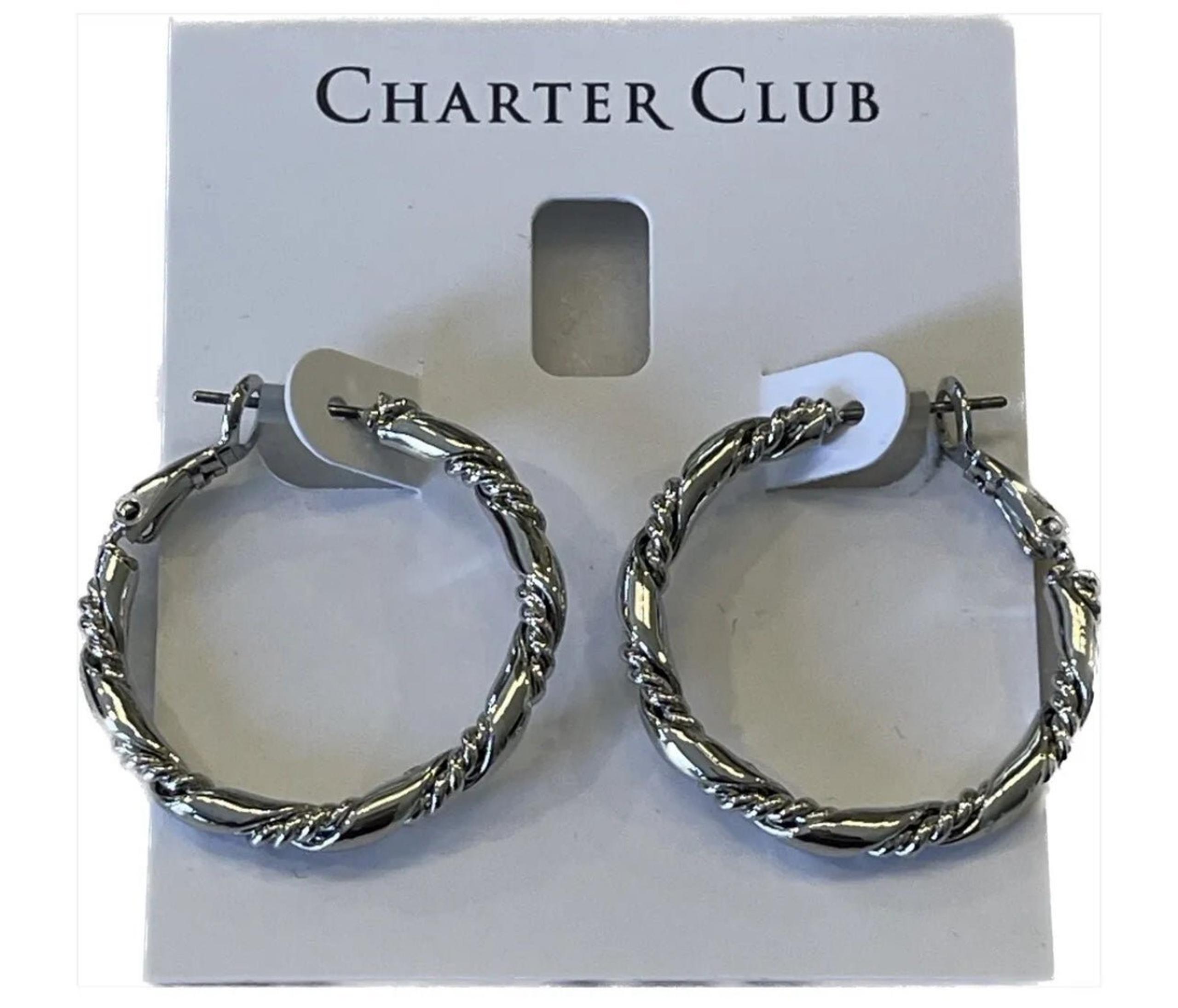Charter Club Womens Silver Spiral Twist Hoop Circle Earrings NWT
