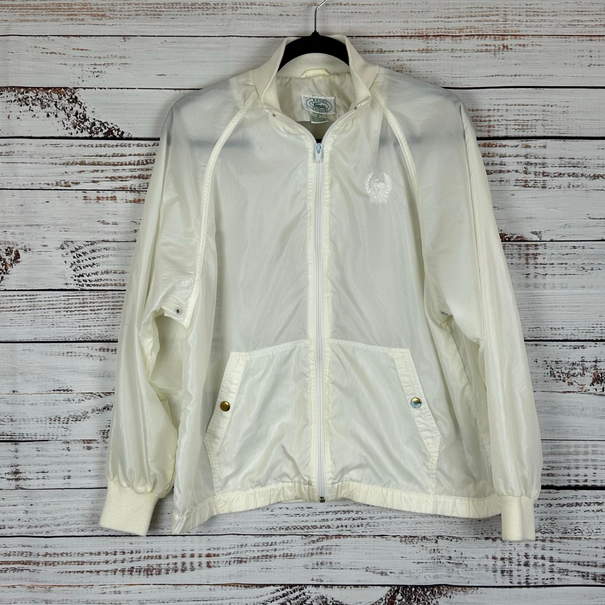 Women's VTG 80s IZOD Lacoste Off White Nylon Full Zip Windbreaker Jacket Size M