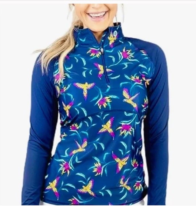 New Coolibar Match Play Golf 1/2 Zip Pullover navy blue parrot UPF50+ Size LARGE