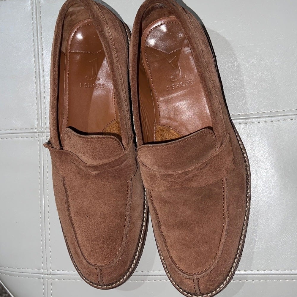 J.SHOES Suede Leather Penny Loafers Slip On Dress Shoes Brown Size Mens-9