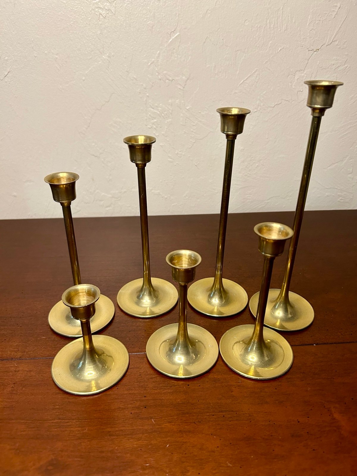 Vintage Brass Candle Holders Graduated Tapered Set of 7 Candlesticks MCM