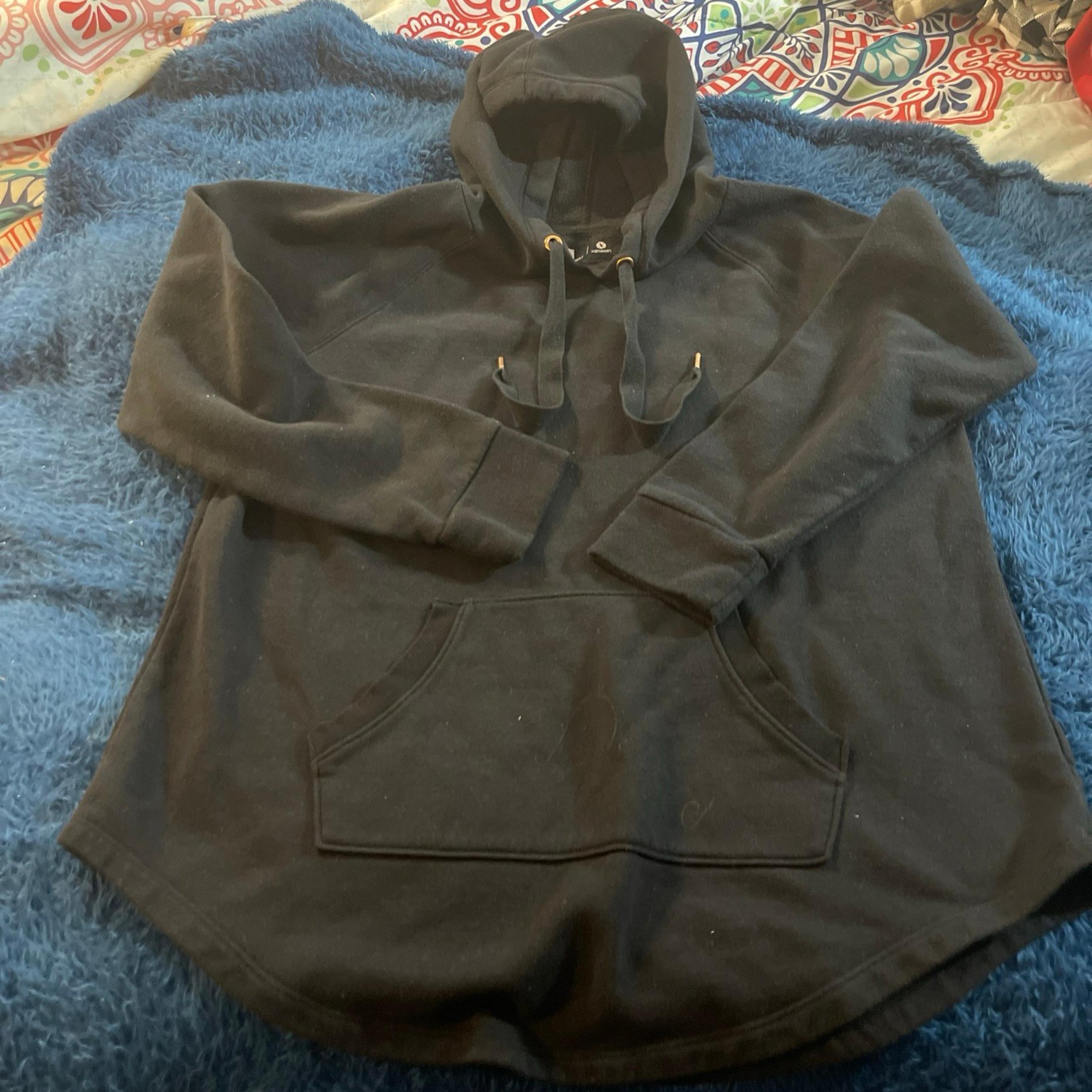 Xersion womens sweatshirt Black Scooped Hem Rose Gold Colored Accents Hoodie L a