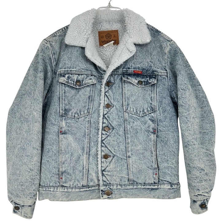 Vintage 80s Wrangler Mens M Acid Snow Wash Denim Jacket Jean Trucker Sherpa