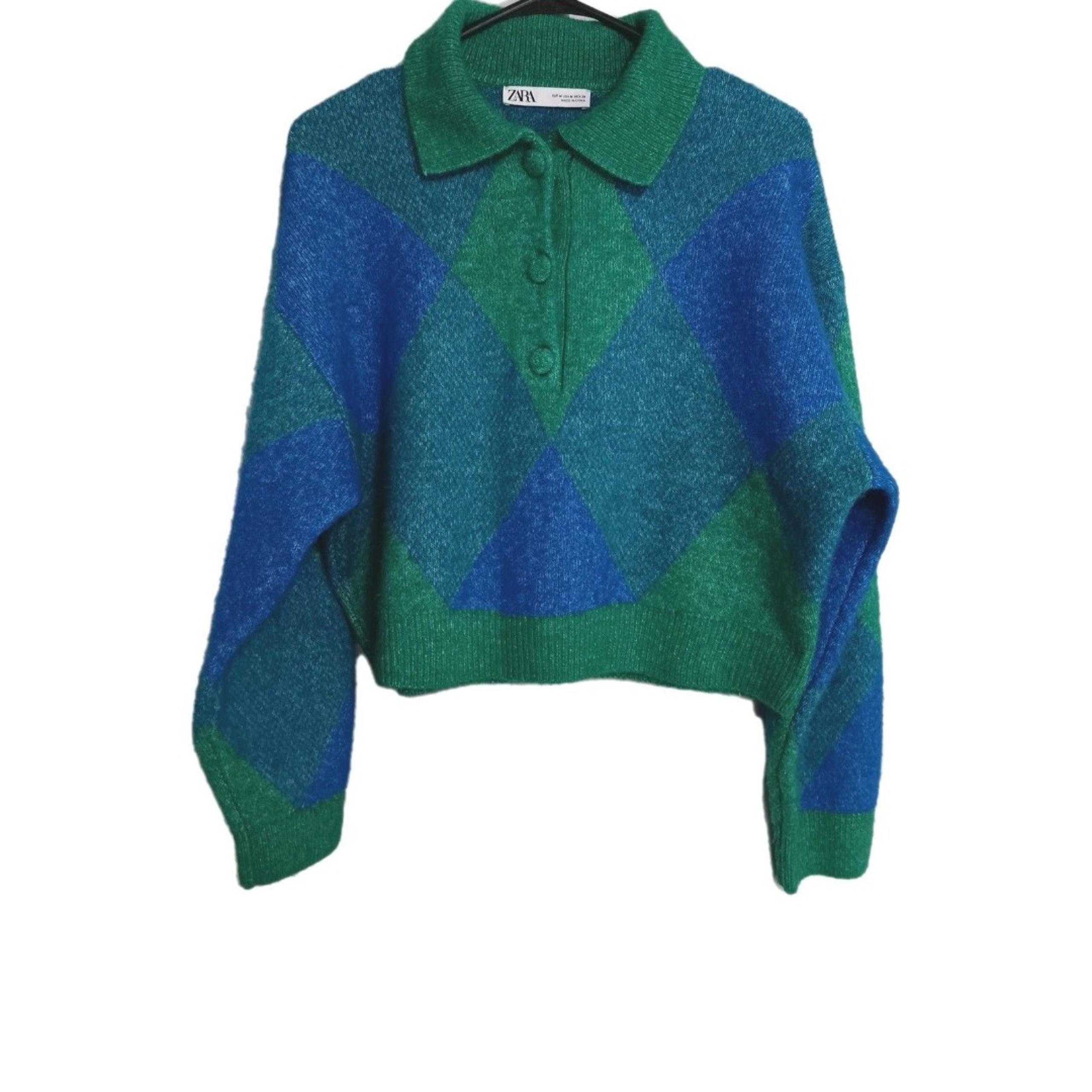 Zara Women’s M Cropped Blue/Green Argyle Sweater Long Sleeves 3 Button Closure