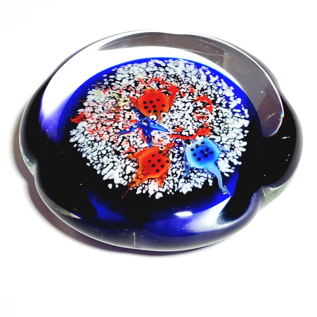 Artisan Glass Aquarium MCM Blue w Orange Fish Home Office Paperweight HTF VGC!