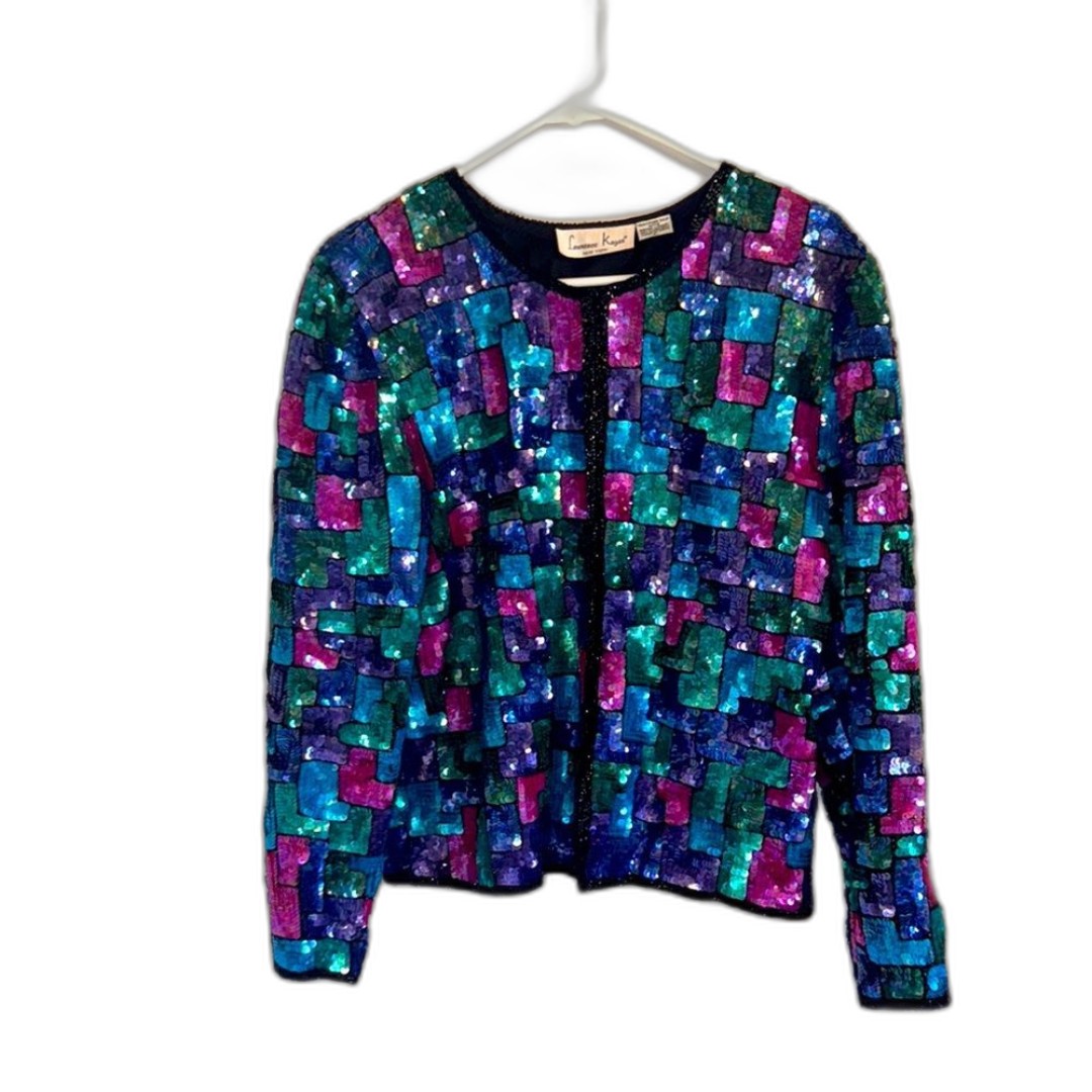 Vtg Laurence Kazar Silk Beaded Sequined Checkered Jacket cute Multicolor Size L