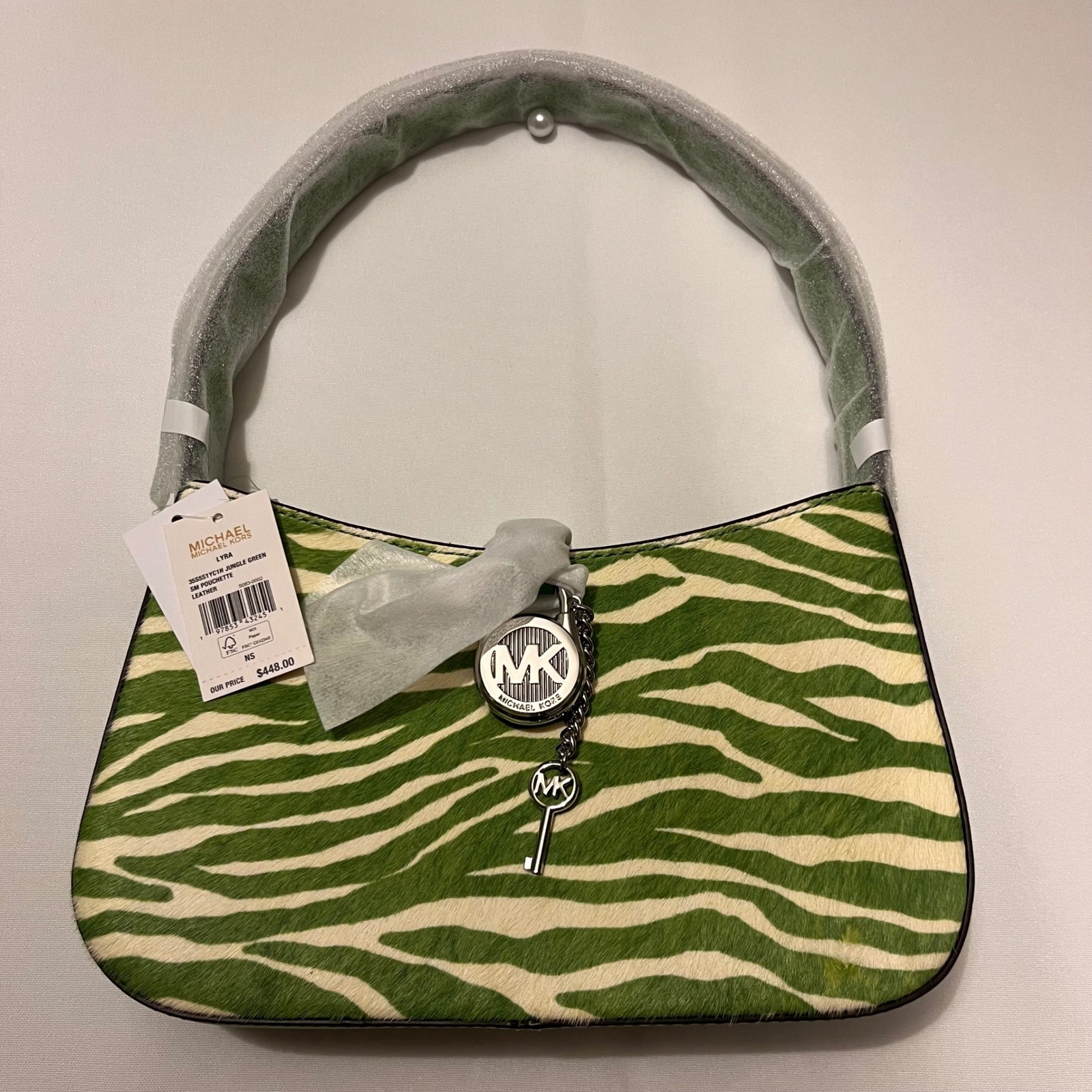Michael Kors Lyra Jungle Green Zebra Print Leather Small Pouch Bag