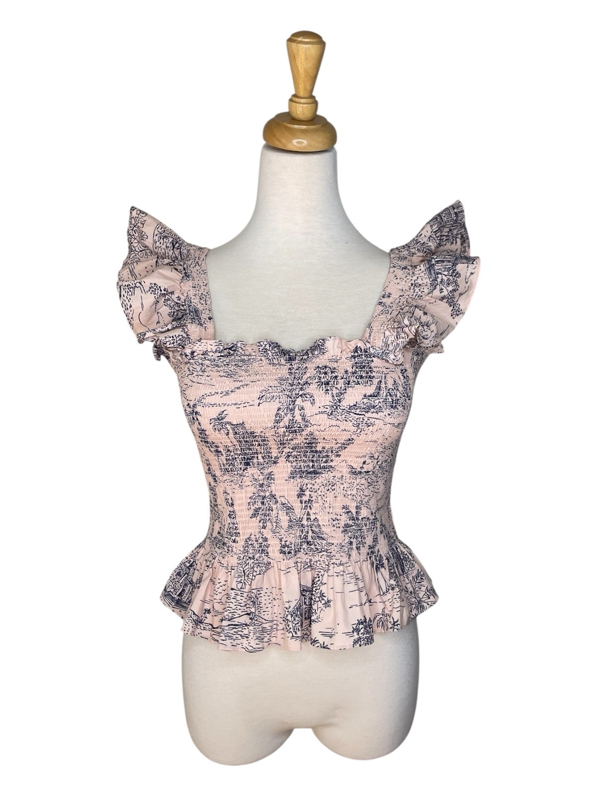 Tori Richard Honolulu Pink Navy Ruffle Sleeve Smocked Top Size S NWT