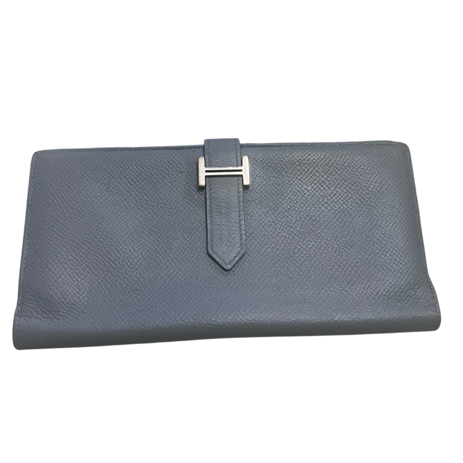 Hermes Authentic Bluiesh Gray Leather Wallet 7 wide, 3 1/2 length.