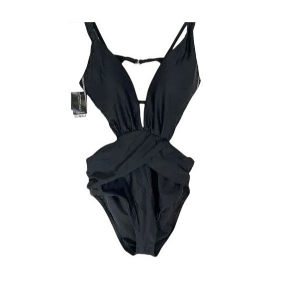 Bar III Black Cutout Backless Plunge Monokini Swimsuit Tummy Control Swimwear L