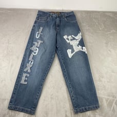 Vintage LOT 29 Luxe Jeans Men 34 (Meas. 32x31) Blue Daffy Duck Logo Patches Y2K