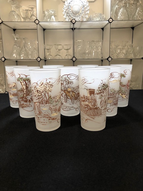 Vintage Currier & Ives Frosted Tumblers Featuring Various Themes
