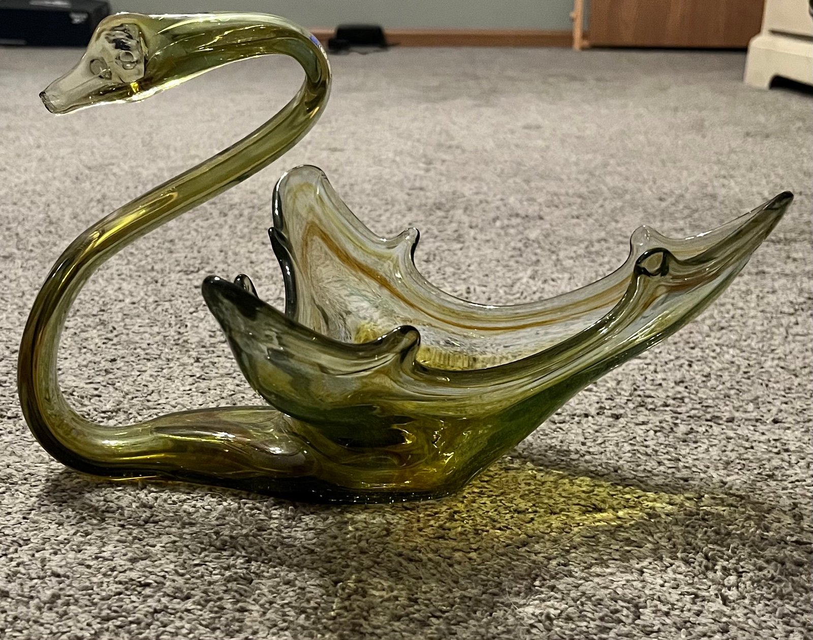 Vintage 70's Murano Style Blown Glass Swan Bowl 13” Rare Amber & Green