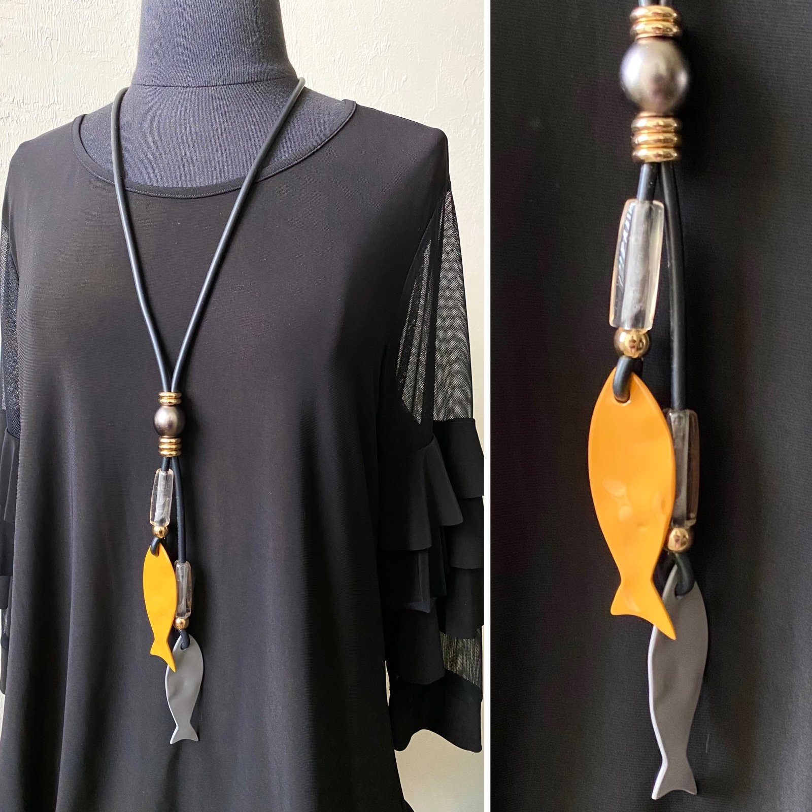 Made in Italy Long Leather Mixed Media Beaded Fish Pendant Statement Necklace