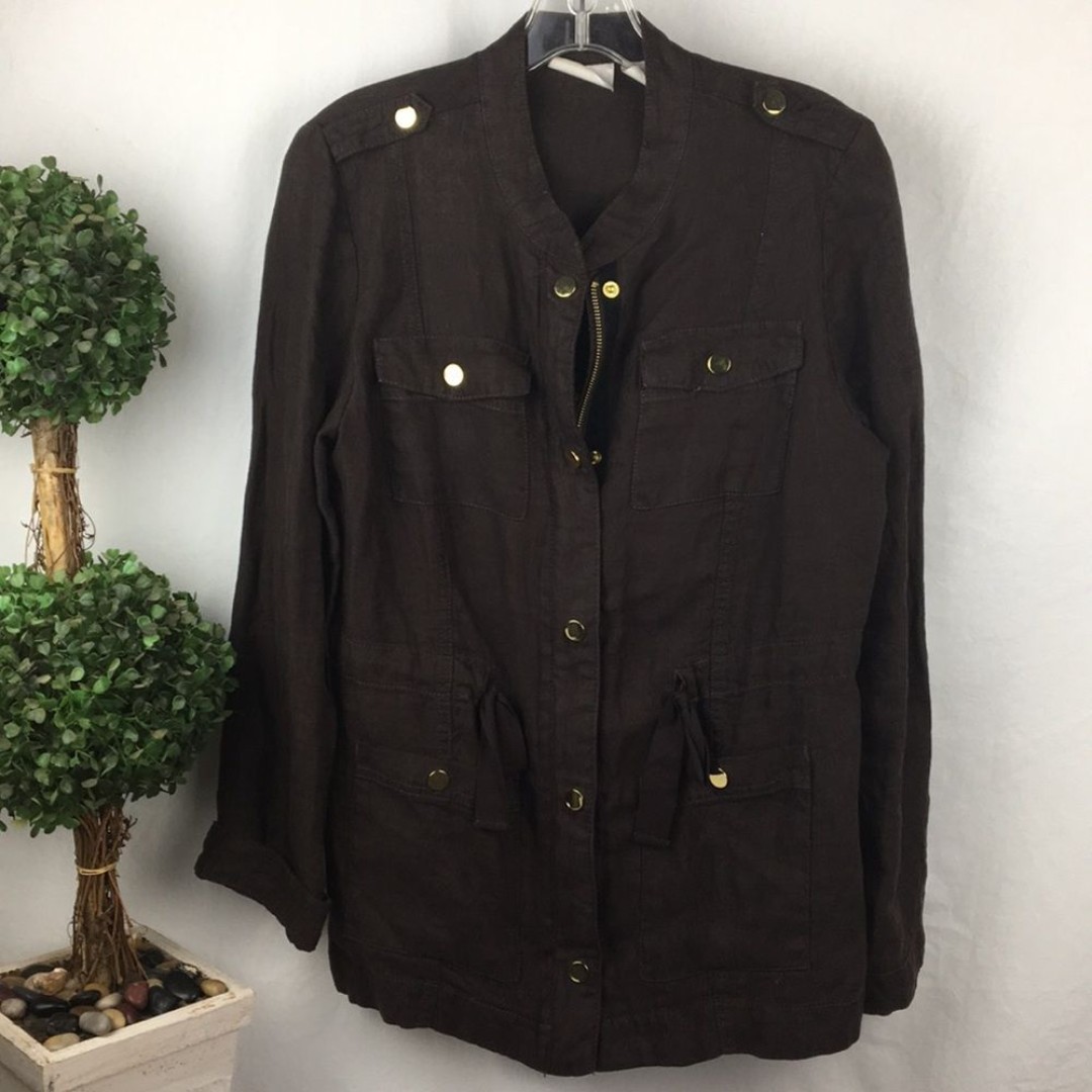 Chico’s 100% Linen Dark Brown Utility Zip Up Collarless Jacket 1 M