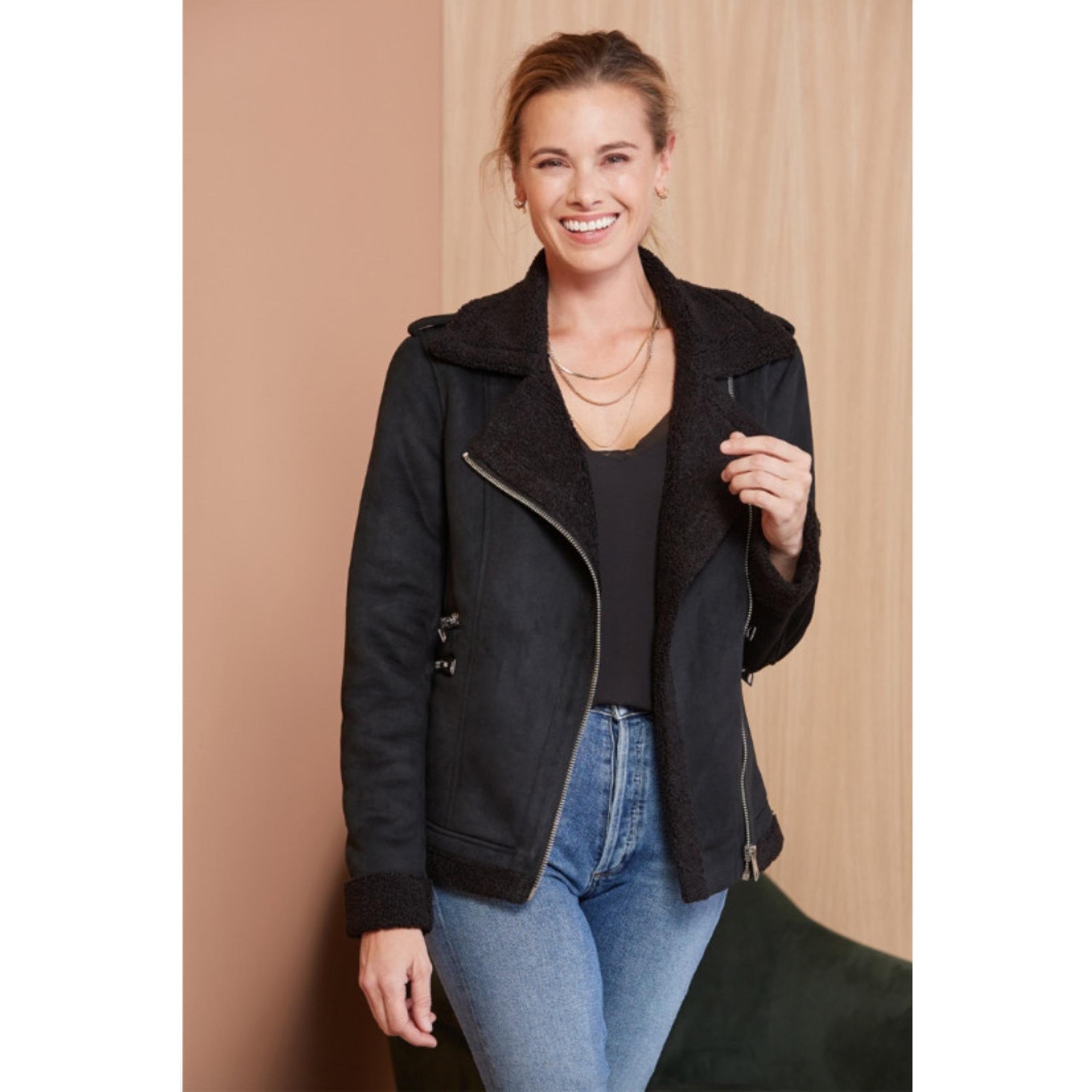 EVEREVE NWT Peyton Jensen Black Bancroft Sherpa Moto Full Zip Jacket // S