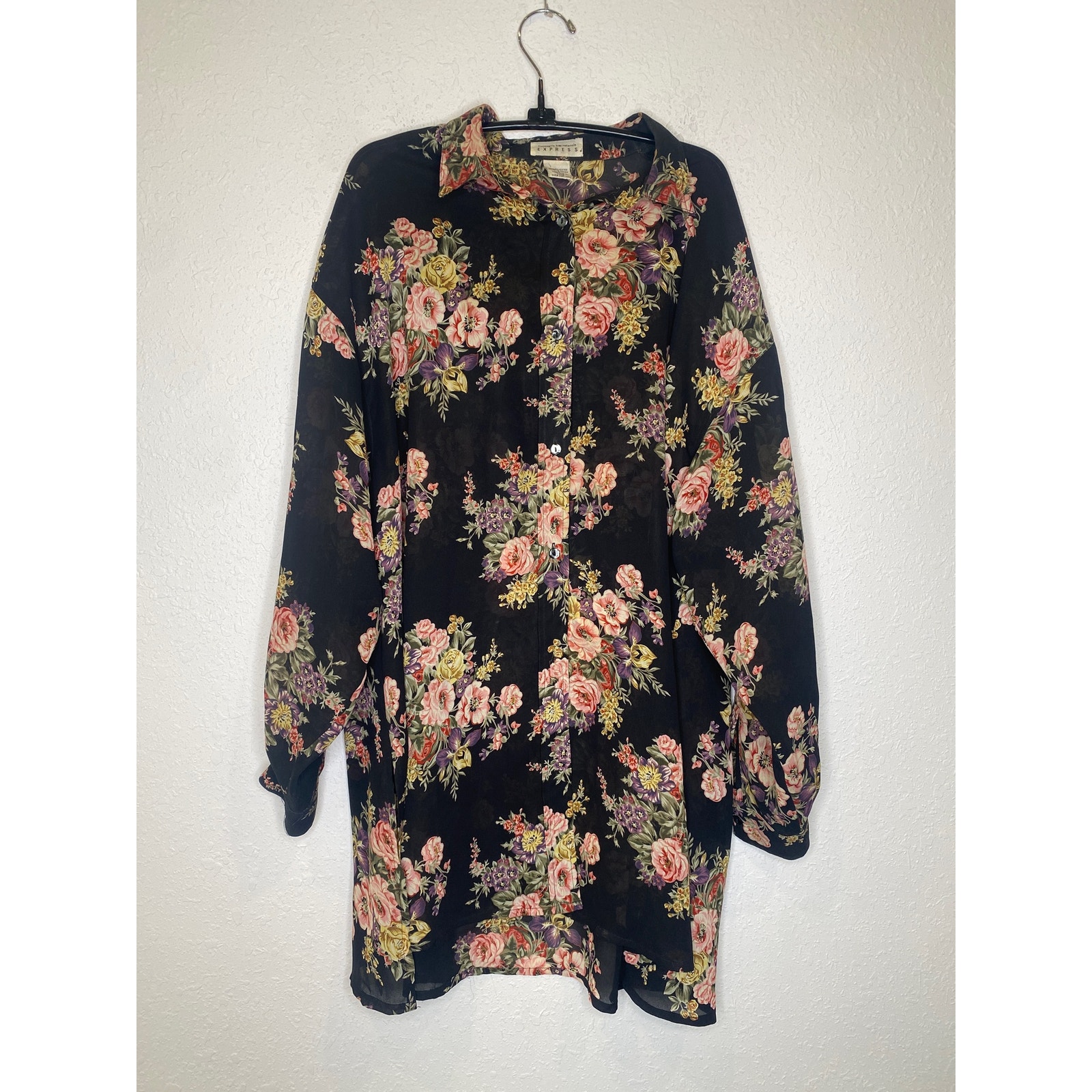 Express Vintage 90’s Sheer Floral High Low Long Sleeve Button Down Tunic Sz M