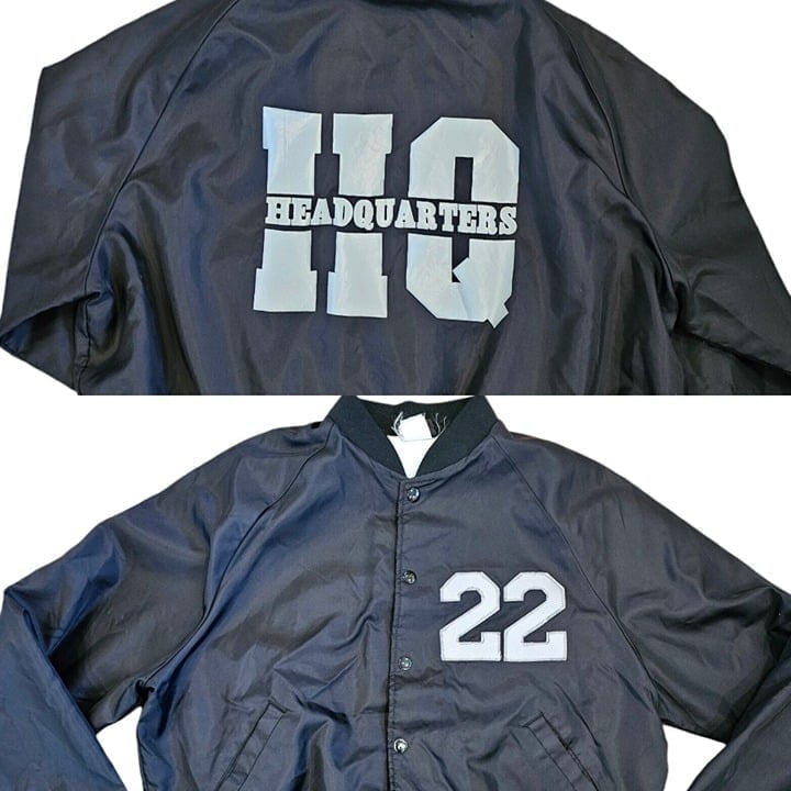 Vintage Mens Size Medium Satin Varsity Bomber Jacket Black 22 Headquarters Retro