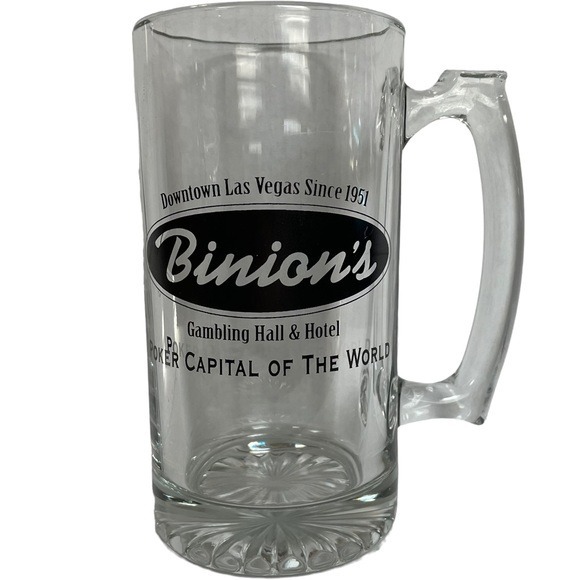 Vintage Binions Gambling Hall Las Vegas Oversized Glass Beer Mug 7” Tall Poker