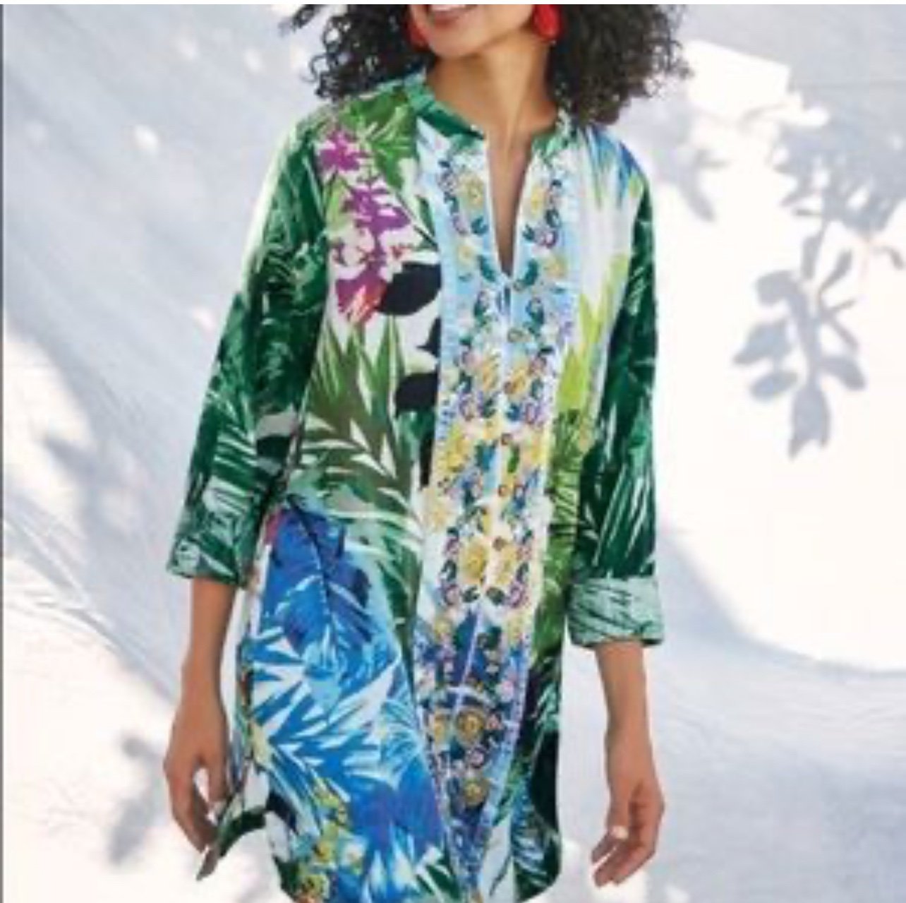 Soft Surroundings Shangri La Tunic Women’s XL Tropical Embroidered Beaded