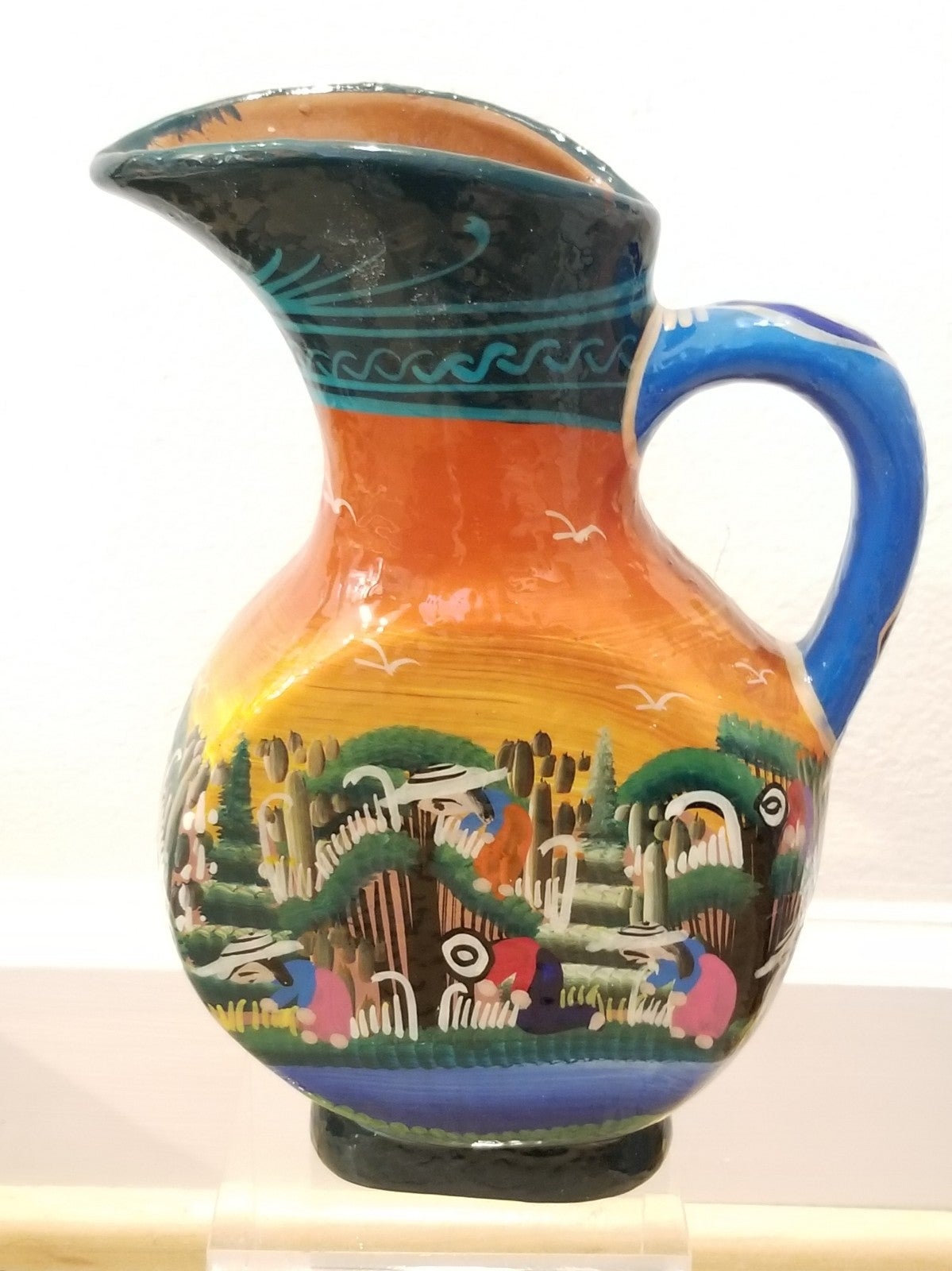 Mexican Televera Folk Hand Painted Glazed Pottery Art Pitcher 12 Fiesta Village