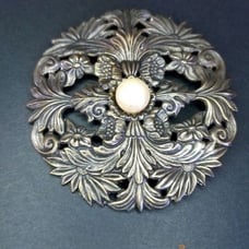 Vintage Large Floral Faux Pearl Brass Shield Brooch Pin