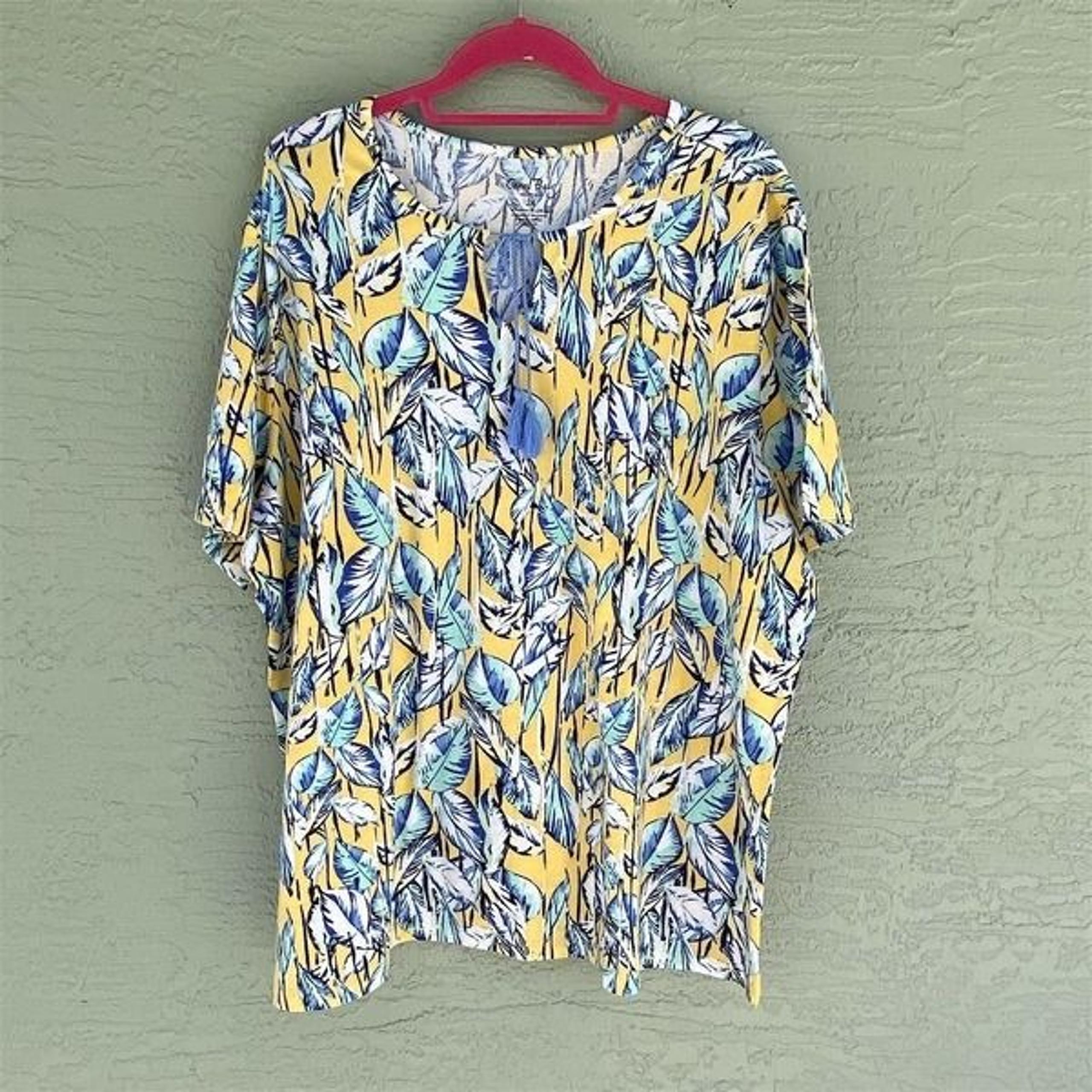 Coral Bay Women's 2XL Floral Blouse Yellow Blue Leaf Print Short Sleeve